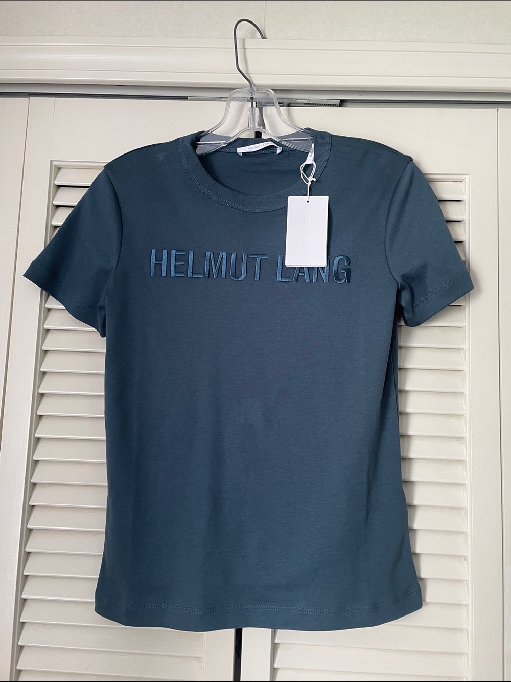 NWT Helmut Lang Women's Short-Sleeve Logo Slim Tee Deep Sea Sz XS embroidered